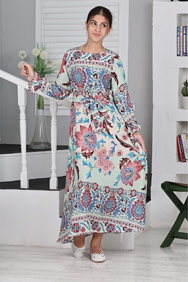 Young Girls' Cotton Viscose Fabric Patterned Long Hijab Dress