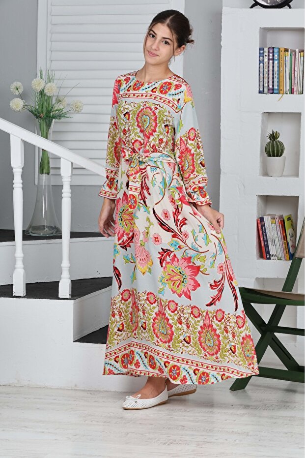 Young Girls' Cotton Viscose Fabric Patterned Long Hijab Dress