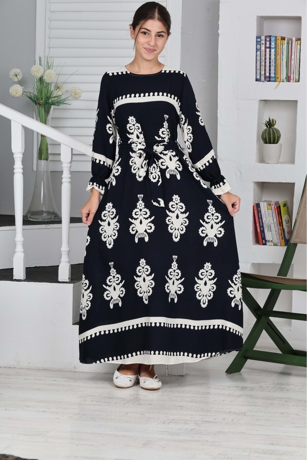 Young Girl's Cotton Viscose Fabric Patterned Long Modest Dress