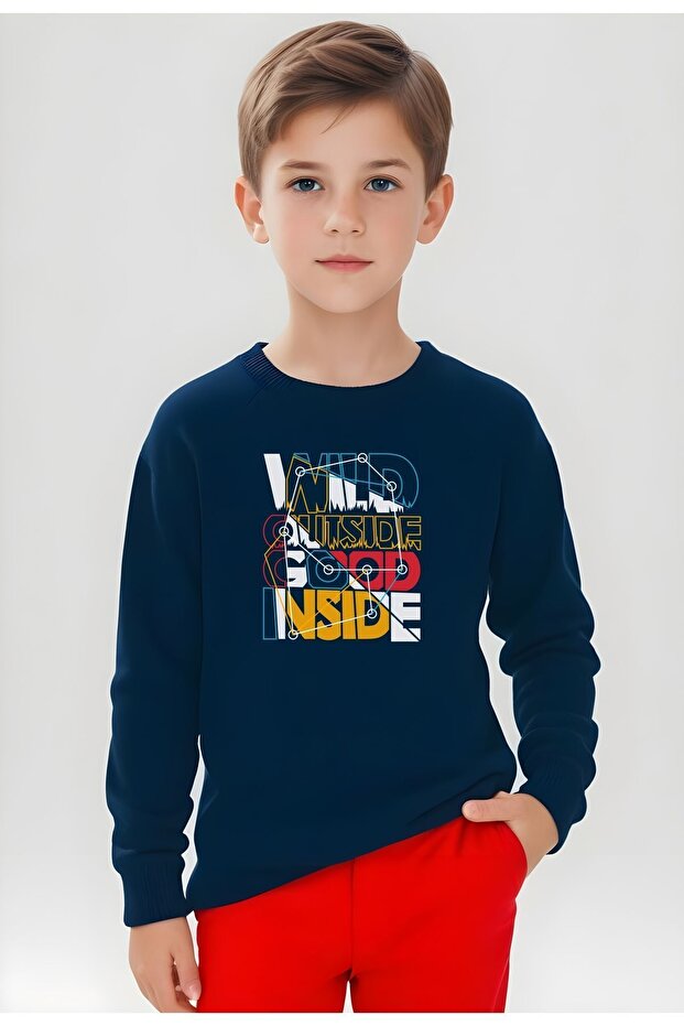 Boy's Navy Blue Printed Round Neck Sweatshirt