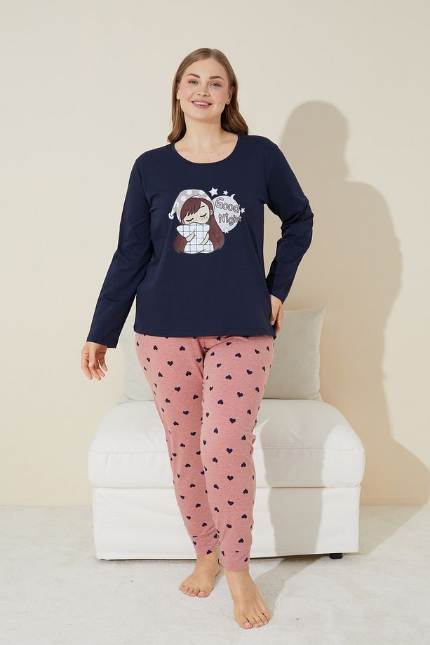 lacivert baskılı Pamuklu Curve Büyük Beden Battal Boy Örme Pijama Takım 24240640 - 2