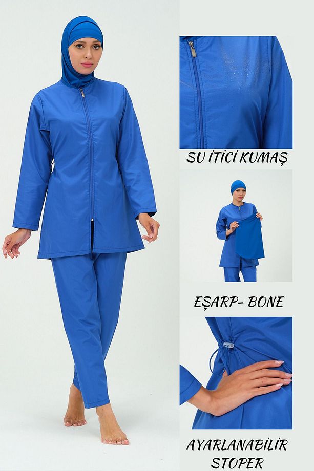 Kadın Düz Renk Tesettür Mayo Pantolon Bone Eşarp Tunik Tam Set 4 Parça Su İtici Tesettür Mayo - 1