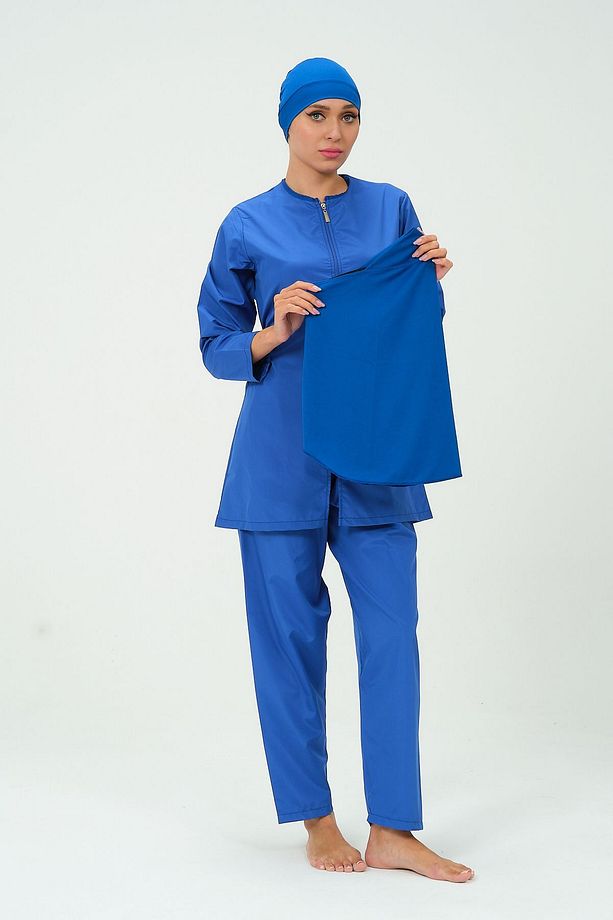 Kadın Düz Renk Tesettür Mayo Pantolon Bone Eşarp Tunik Tam Set 4 Parça Su İtici Tesettür Mayo - 7
