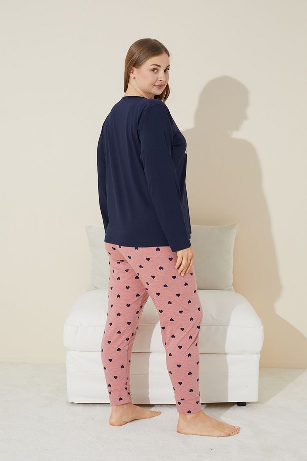 lacivert baskılı Pamuklu Curve Büyük Beden Battal Boy Örme Pijama Takım 24240640 - 3