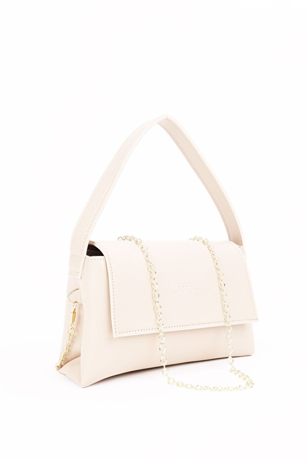 Women's Mini Baguette Crossbody Gold Chain Strap Handbag and Shoulder Bag Cream
