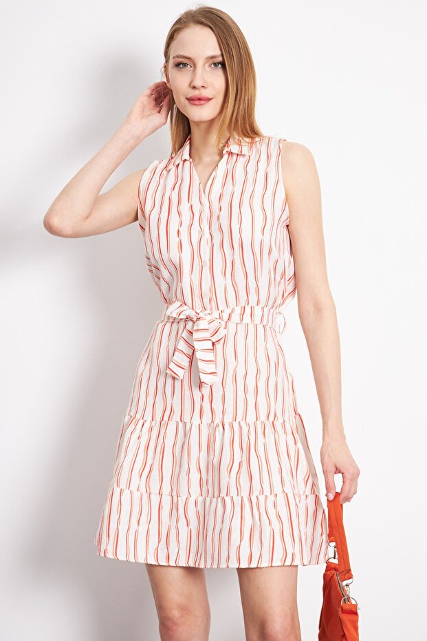 Orange Sleeveless Dress with Buttons and Belt, Collar ARM-24Y001066