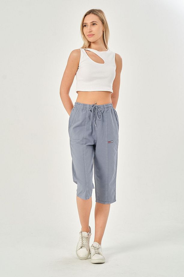 Bağcıklı Oversize Uzun Unisex Bermuda Şort Ham Bez Pamuklu Keten Kapri Şort - 1