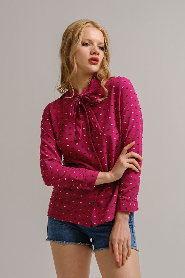 Women's Purple Collar Tie-Up Patterned Shirt Arm-22y001183
