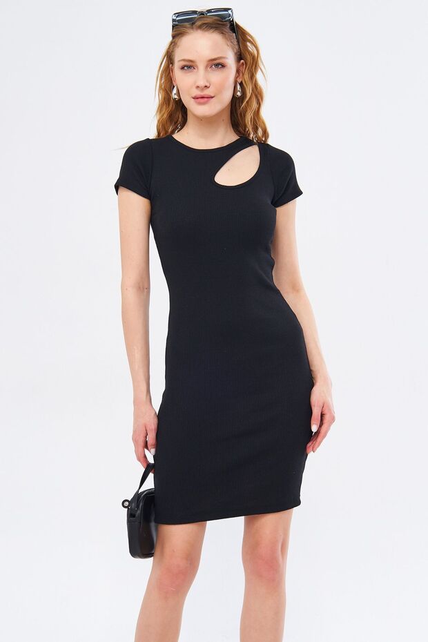 Women's Black Collar Windowed Short Sleeve Dress ARM-24Y133008