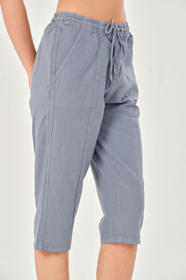 Bağcıklı Oversize Uzun Unisex Bermuda Şort Ham Bez Pamuklu Keten Kapri Şort - 6