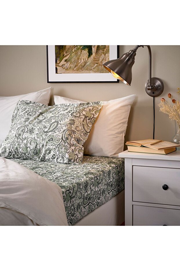 Fitted Sheet, Green-White, 180X200 cm