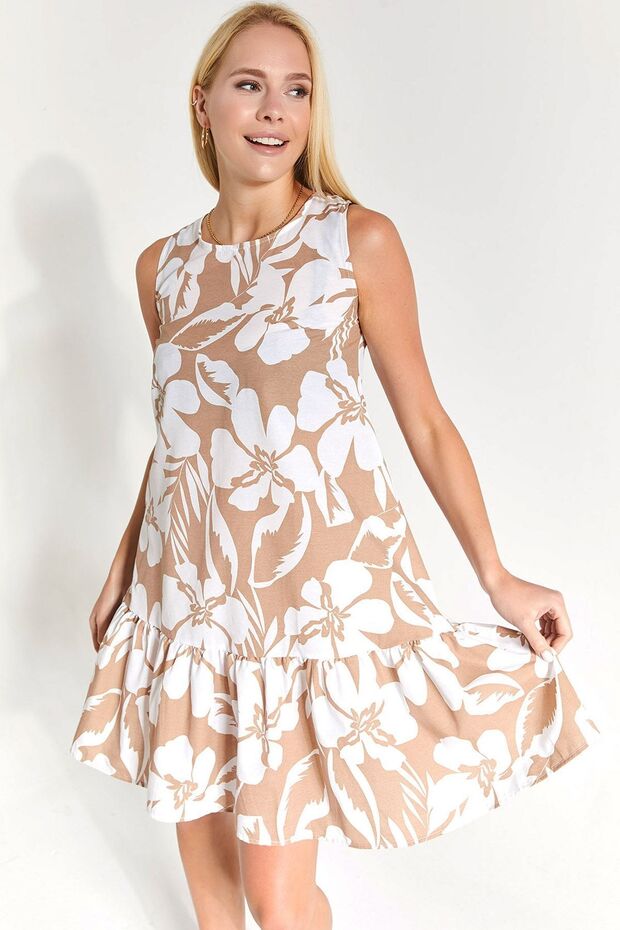 Women's Mink Patterned Sleeveless Dress with Ruffle Skirt