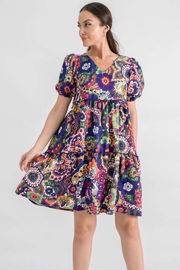 Women's Purple V-Neck Short Sleeve Patterned Ruffle Dress ARM-24Y001014