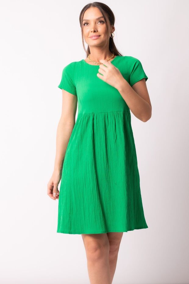 Women's Green Backless, Elastic Detailed, Short Sleeve Dress Arm-23y001001