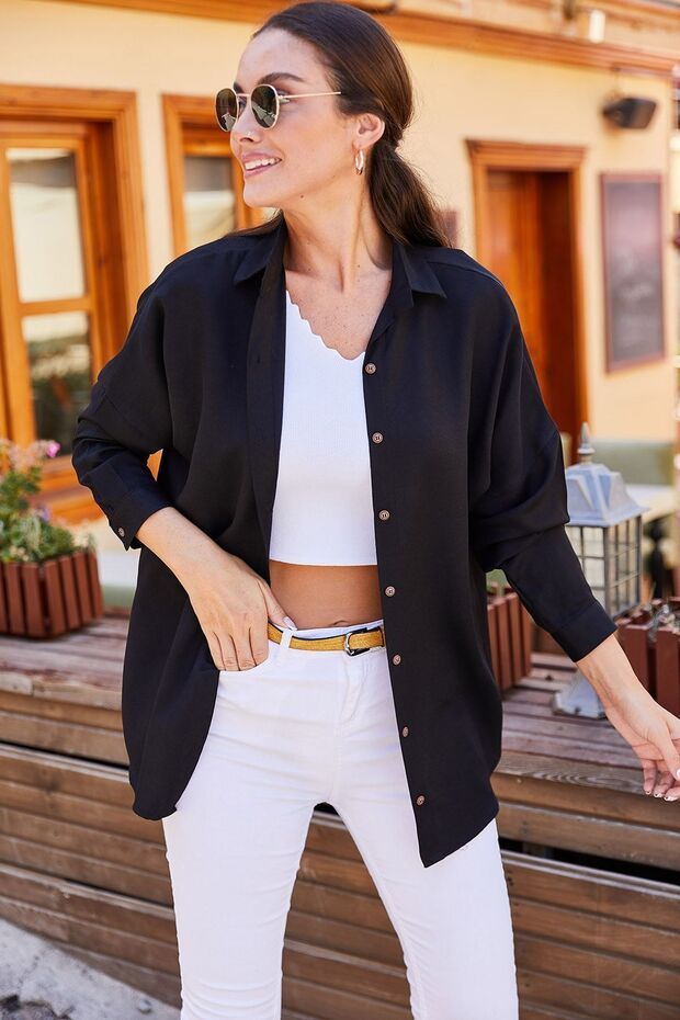Kadın Siyah Oversize Uzun Basic Gömlek - 2