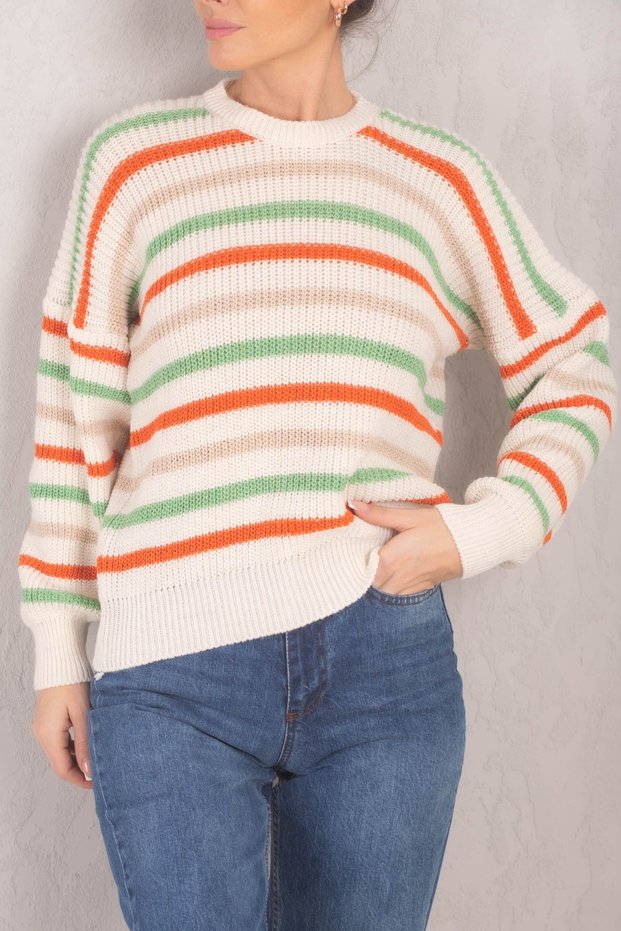 Women's Green Striped Thessaloniki Knitted Sweater with Elastic Sleeves and Waist ARM-24K069005