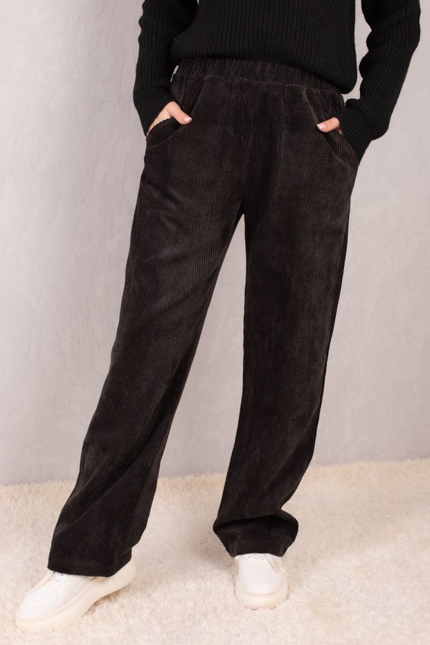 Women's Black Elastic Waist Pocket Wide Leg Velvet Trousers ARM-24K001060