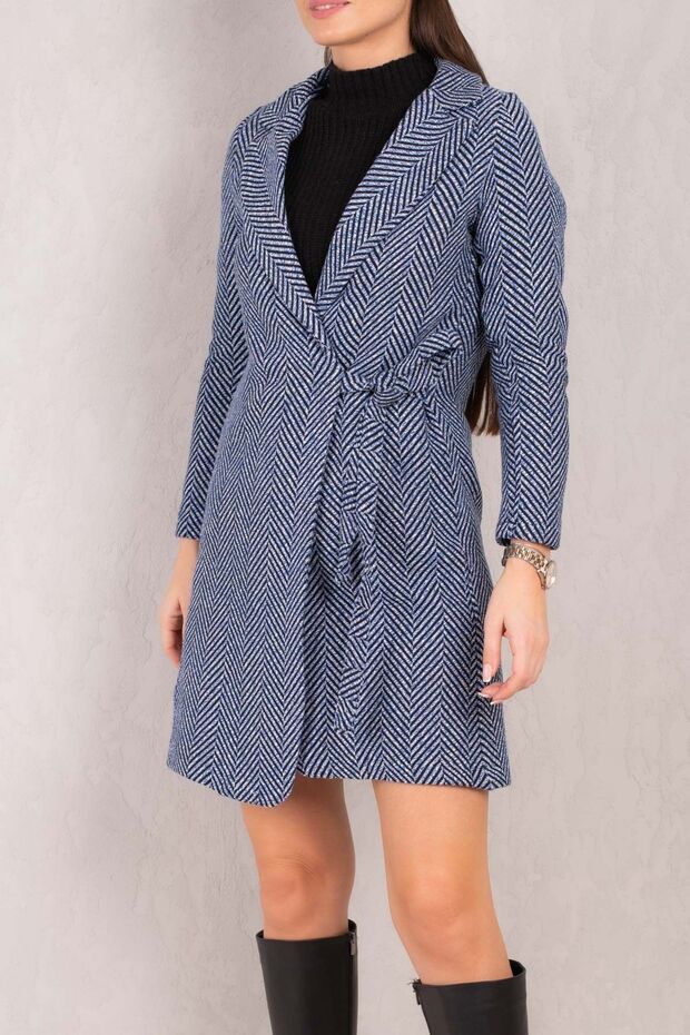 Women's Blue Side Tie Herringbone Pattern Long Cuff Coat ARM-24K001010