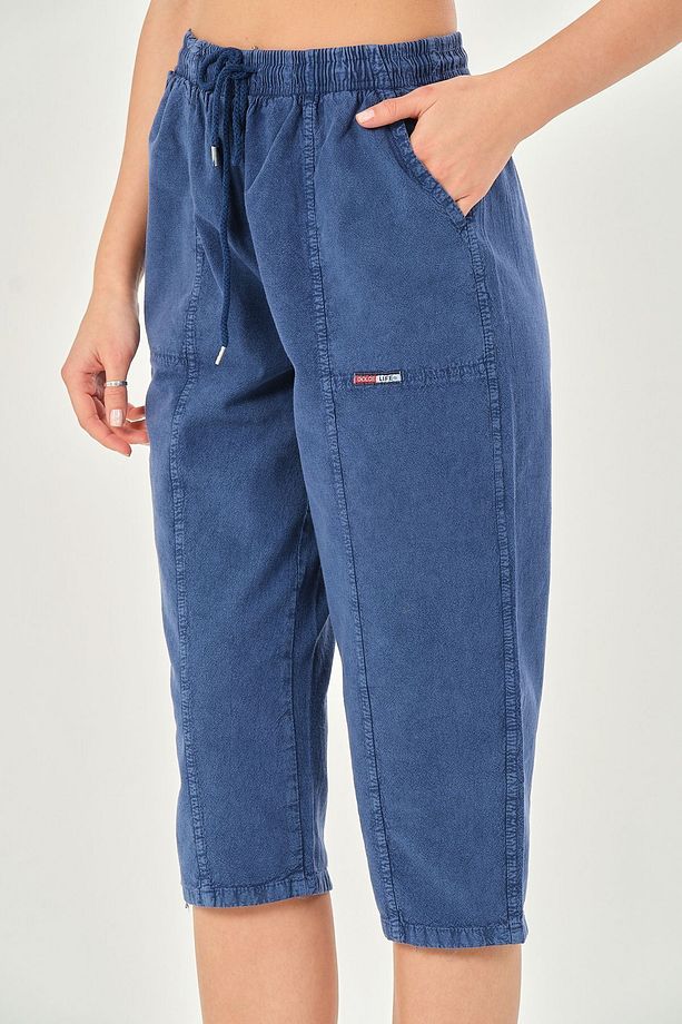Bağcıklı Oversize Uzun Unisex Bermuda Şort Ham Bez Pamuklu Keten Kapri Şort - 4