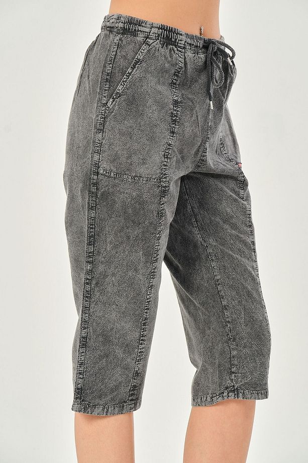 Bağcıklı Oversize Uzun Unisex Bermuda Şort Ham Bez Pamuklu Keten Kapri Şort - 6