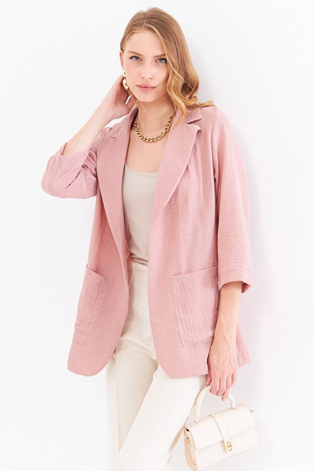 Dried Rose Linen Oversize Jacket - With Pockets, ARM-24Y001065