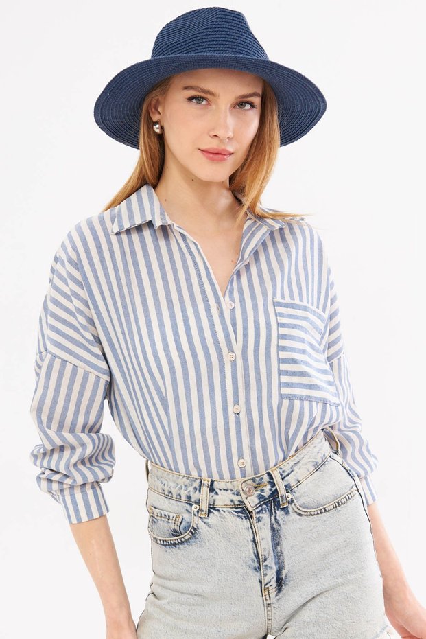 Navy Blue Striped Oversize Pleated Women's Shirt - Long Sleeve, Pocket Detail, ARM-24Y001057