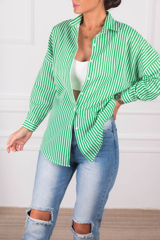 Women's Light Green Striped Oversize Long Basic Shirt ARM-24K001024