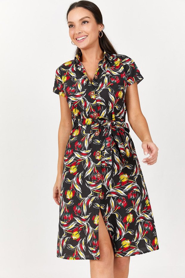 Women's Black Rose Pattern Tie Waist Belted Short Sleeve Shirt Dress ARM-22Y001082.