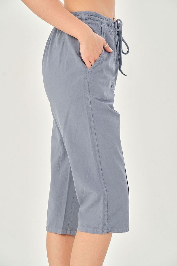 Bağcıklı Oversize Uzun Unisex Bermuda Şort Ham Bez Pamuklu Keten Kapri Şort - 8