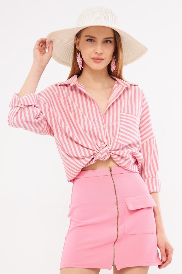 Women's Fuchsia Stripe Long Sleeve Pocket Detail Pleated Oversize Shirt Arm-24Y 001057