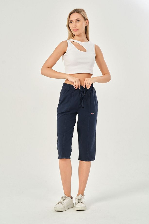 Bağcıklı Oversize Uzun Unisex Bermuda Şort Ham Bez Pamuklu Keten Kapri Şort - 1