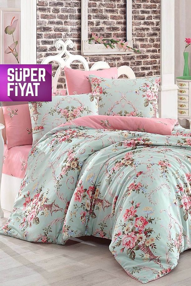 Çift Kişilik Kolay Ütülenir Nevresim Takımı Alanur Mint-pembe - 2