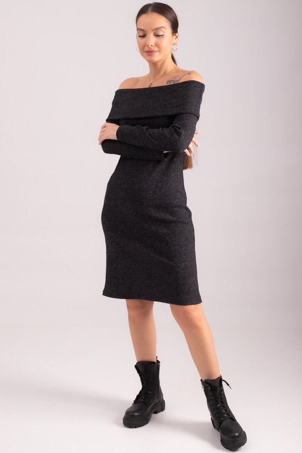 Women's Black Madonna Collar Body-Fitted Ribbed Camisole Dress ARM-24K001070