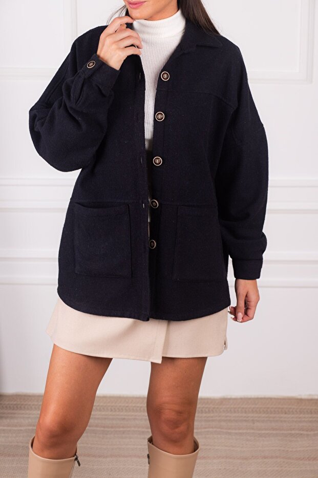 Women's Navy Blue Pocketed Oversize Stash Jacket ARM-24K001033