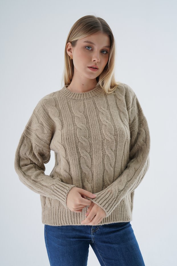 Women's Beige Oversize Crew Neck Hair Braided Wool Special Yarn Knitwear Knitted Sweater Trist-6167