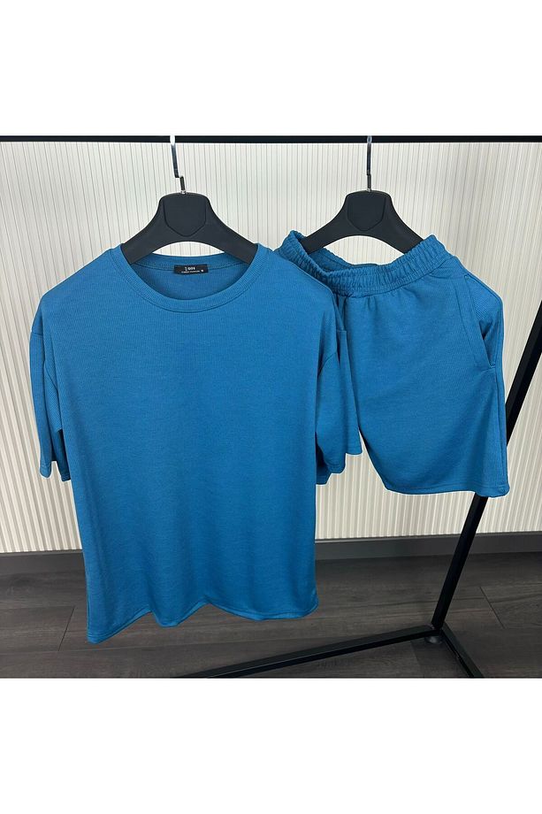 Erkek Petrol Mavi Fitilli Kumaş Tshirt Şort Takım - 5