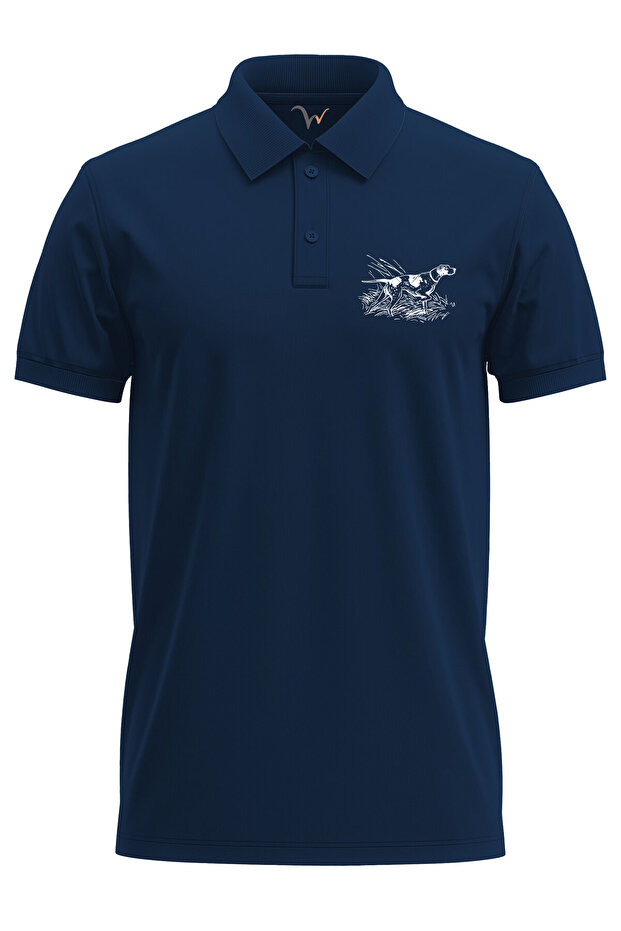 Hunting Special Pointer Hunting Dog Chest Printed Regular 100% Cotton Polo Neck Navy Blue T-Shirt