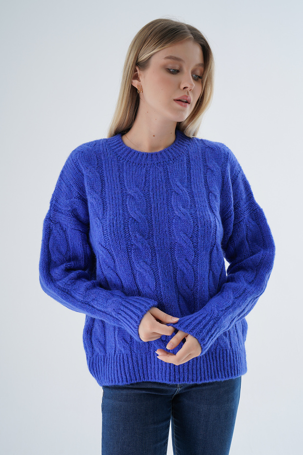 Women's Cobalt blue Oversize Crew Neck Hair Braided Wool Special Yarn Knitwear Knitted Sweater Trist-6167