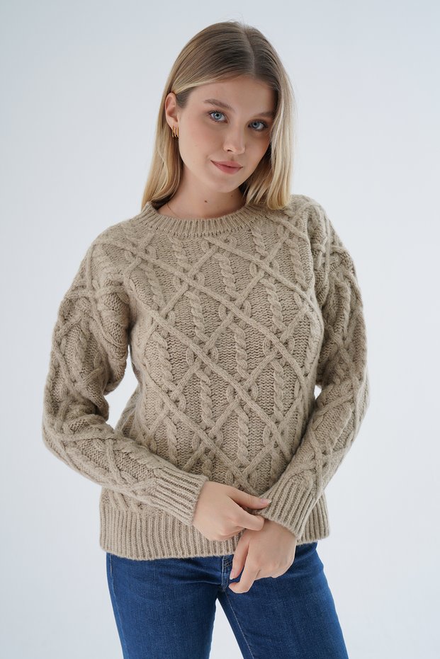 Women's Beige Crew Neck Braided Wool Blended Special Yarn Knitwear Knitted Sweater Trist-6164