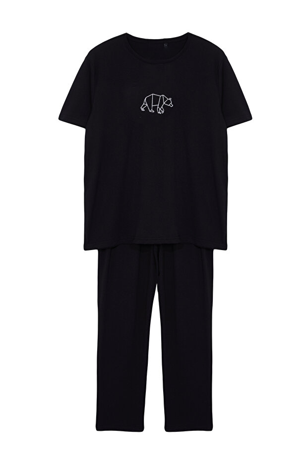 Siyah Regular Fit Nakışlı Örme Pijama Takımı TMNAW25PT00023 - 5