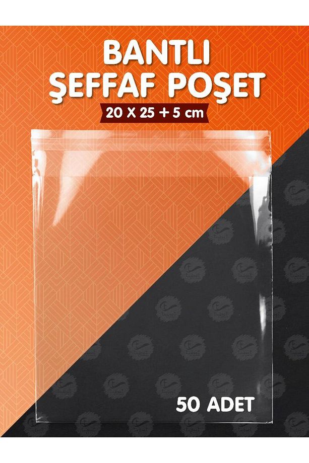 Bantlı Şeffaf Poşet (20x25+5cm)   50 Adet Parlak Jelatin Paket Hediye Poşeti -T1019 - 1
