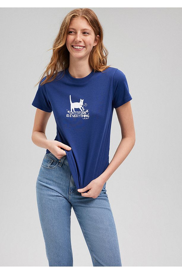 Kedi Baskılı Lacivert Tişört Slim Fit / Dar Kesim 1612202-70722 - 2