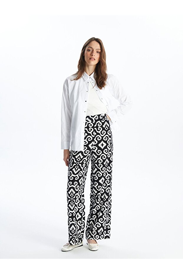 Patterned Wide-Leg Women's Trousers with Elastic Waist