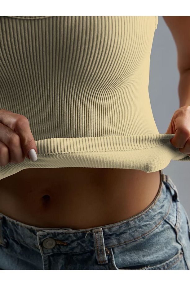 Marsala Model Sıkılaştırıcı Biker Crop Örme Ve Seamless Model Ekru Renk - 6