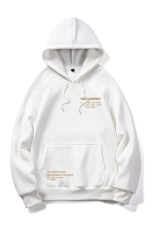 Unisexwhite Happiest Printed Oversize Hooded Sweatshirt