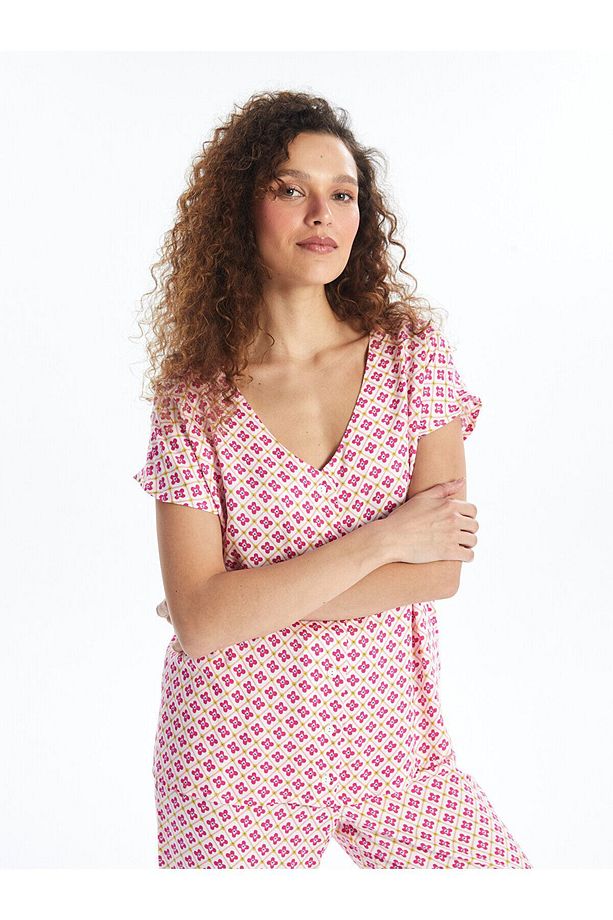 LCW V Yaka Desenli Kısa Kollu Kadın Pijama Takımı - 3