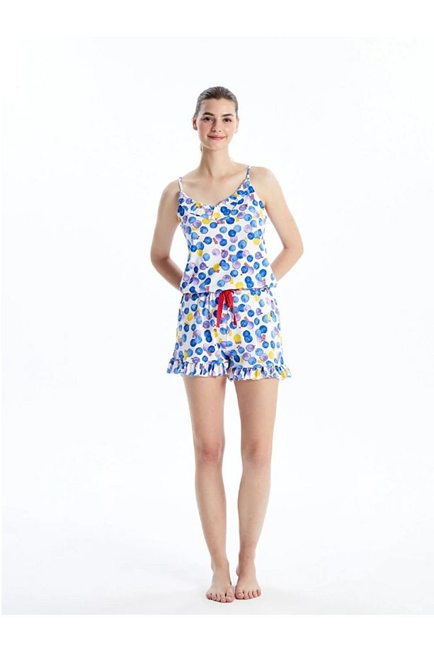 LCW V Yaka Desenli Askılı Kadın Şortlu Tulum Pijama - 5