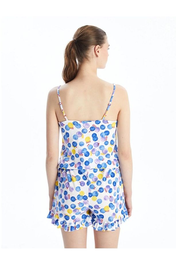 LCW V Yaka Desenli Askılı Kadın Şortlu Tulum Pijama - 4