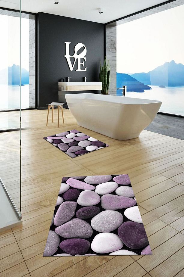 3D Renkli Taş Desenli Yıkanabilir Silinir İkili Banyo Halısı Paspas Klozet Takımı, KLOZET-46-MOR, - 5