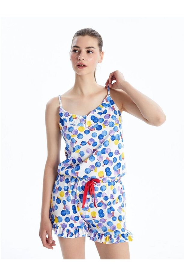 LCW V Yaka Desenli Askılı Kadın Şortlu Tulum Pijama - 3